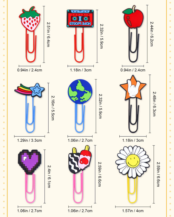 YETOOME 15 Pcs Cute Bookmark Paper Clips Cartoon Silicone Bookmarks with Colorful Paperclips for Kids School Teacher Office Supply Student Stationery