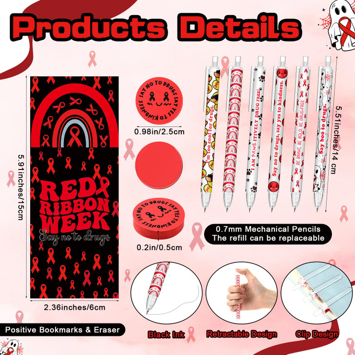 Epakh 72 Pcs/ 24 Sets Red Ribbon Week Awareness Supplies Drug Free Red Ribbon Week Favors 0.7 mm Mechanical Pencil Bookmark Say Boo to Drugs Card Era
