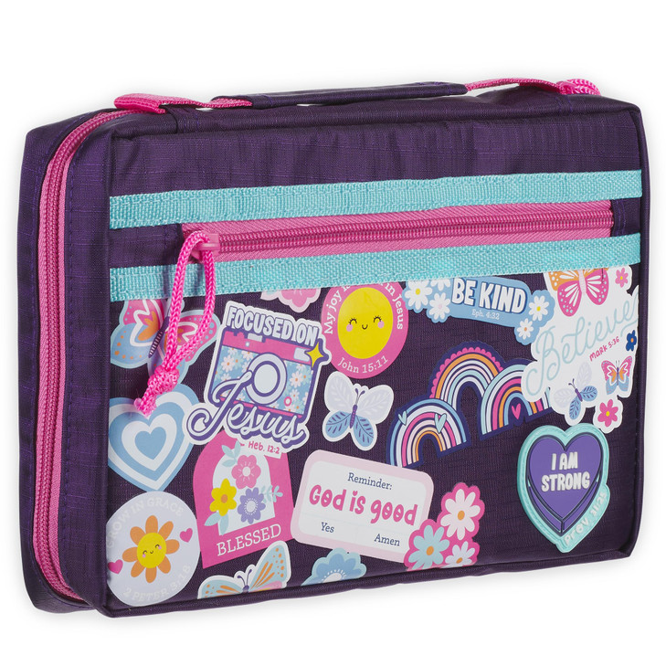 Christian Art Gifts Sturdy Polyester Fashion Bible Cover for Girls: I Am Strong Inspirational Scripture, Multicolor Stickered Design, Secure Zipper P