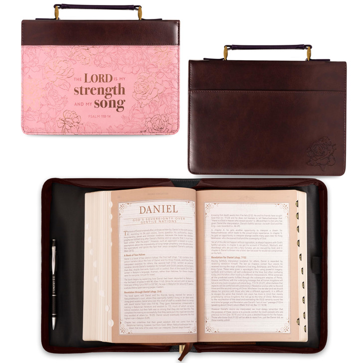 Christian Art Gifts Fashion Bible Cover My Strength and My Song Roses Psalm 118:14 Faux Leather, Pink, Medium