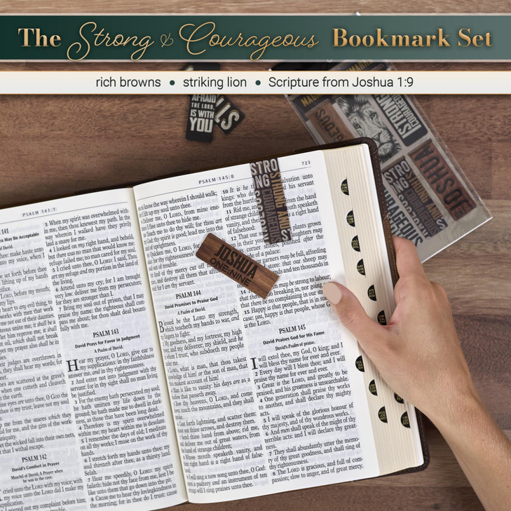 Christian Art Gifts Magnetic Scripture Bookmark/Pagemarker Set for Men: Strong & Courageous Lion - Set of 6, Inspirational Scripture for Bibles, Frid