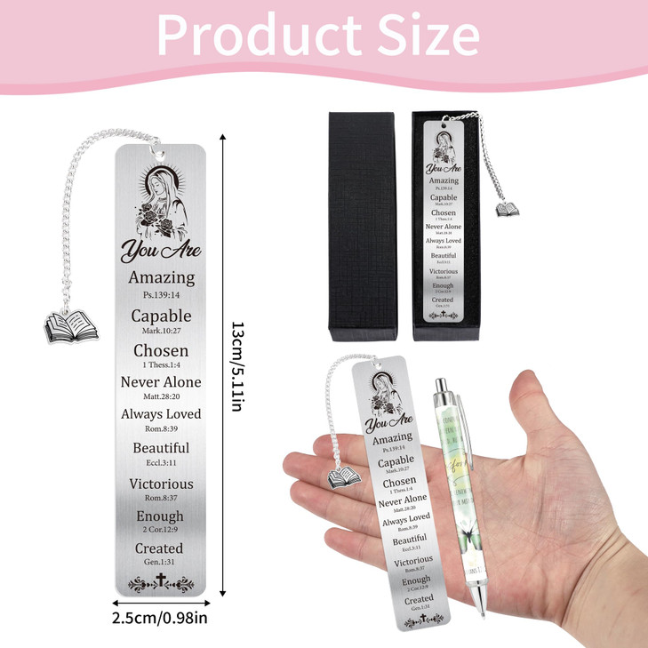 Catholic Bookmark and Pen Gift Set, Virgin Mary Metal Book Mark with NFC, Christian Bible Page Marker Clips for Reading Women, Christmas Birthday Gif