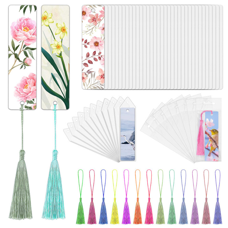 50 Sets Sublimation Blank Bookmarks with Clear Bookmark Sleeves Tassels and Self-Sealing Bags, Heat Transfer Metal Aluminum DIY Bookmark with Hole fo