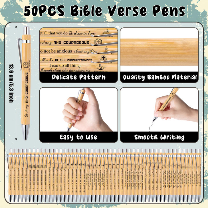 Haooryx Christian Bible Pen Bookmark - 50-Piece Christian Bible Verse Bamboo Inspirational Pens Book Mark Set Cute Gifts Book Reading Lovers Accessor