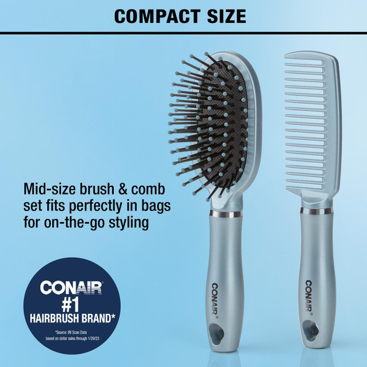 Conair Detangle & Style hair brush set - wide tooth comb and travel hair brush - Detangling Brush and Comb Set - Color at random - 2 Count