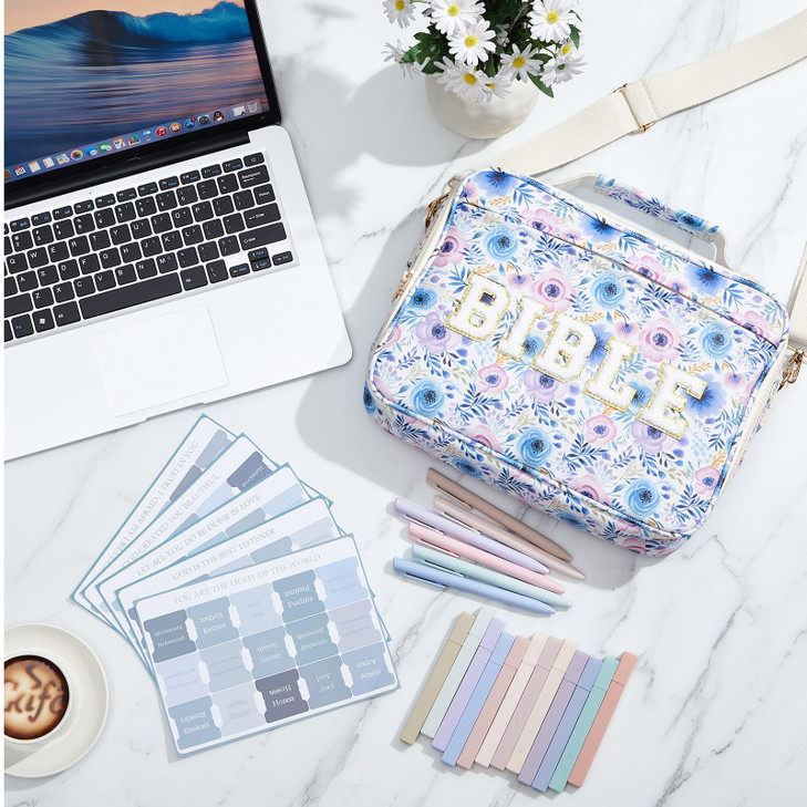 Sinload Large Bible Cover Case for Women, Bible Study Supplies 12 x 9 x 2.5 Chenille Letter PU Leather with Tabs Gel Pen Highlighters with Strap Back