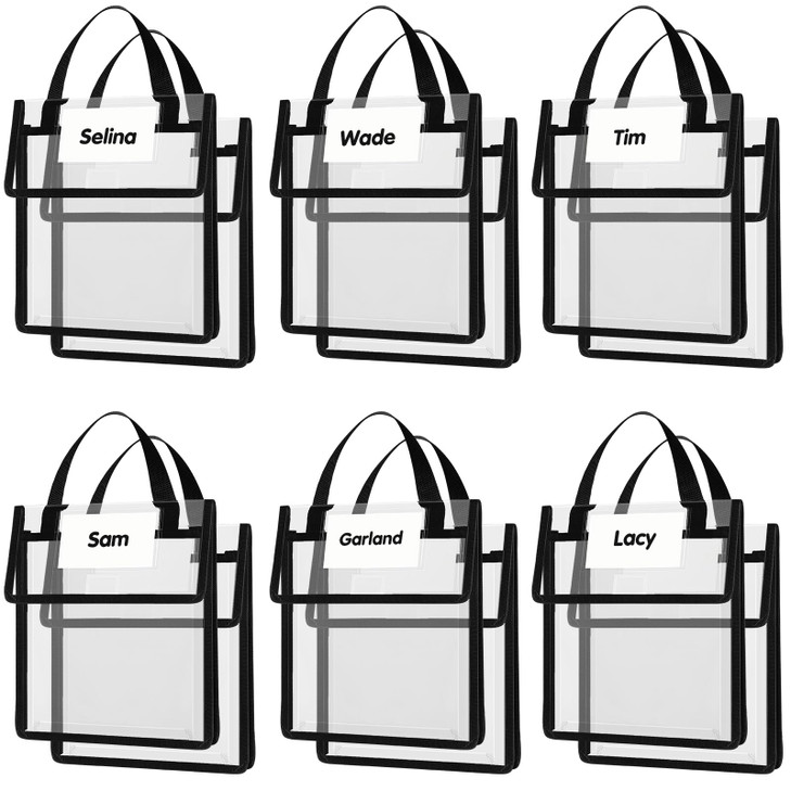 Teling 12 Pack Thick Clear Book Pouches with Blank Name Tags and Handles Book Baggies Bags Bins Organizer for School Classroom Library Pockets Studen