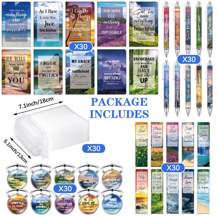 Jetec 150 Bible Verses Gift Set for 30 Christian Bookmarks 30 Scripture Ballpoint Pens 30 Christian Notebooks 30 Bible Verse Keychain 30 White Organz