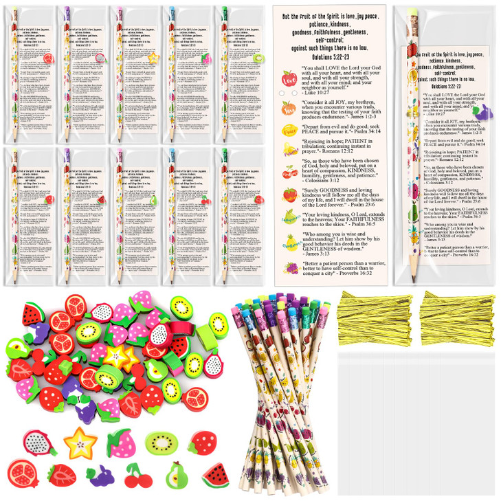 MotiMind 45 Set Fruit of The Spirit Gifts Fruit of The Spirit Bookmarks Christian Fruits Pencils Erasers Bulk Religious Gift for Sunday School Teache