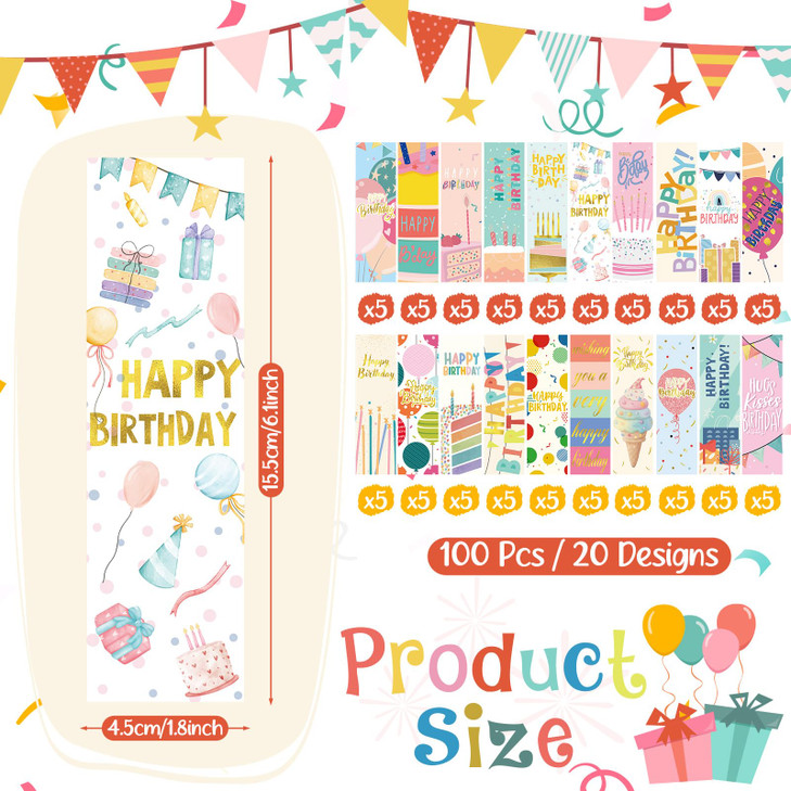 Skyygemm 100 Pcs Happy Birthday Bookmarks Bulk Happy Birthday Classroom Gifts for Kids Students Teacher Reward Back to School Birthday Party Favors C