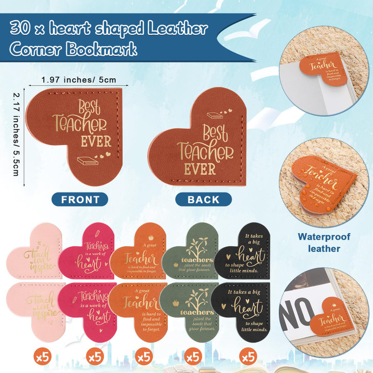 Sinload 30 Sets Thank You Teacher Gifts Bulk Leather Heart Bookmarks Best Teacher Ever Tags with Organza Bags Appreciation Gifts for Thanksgiving Day