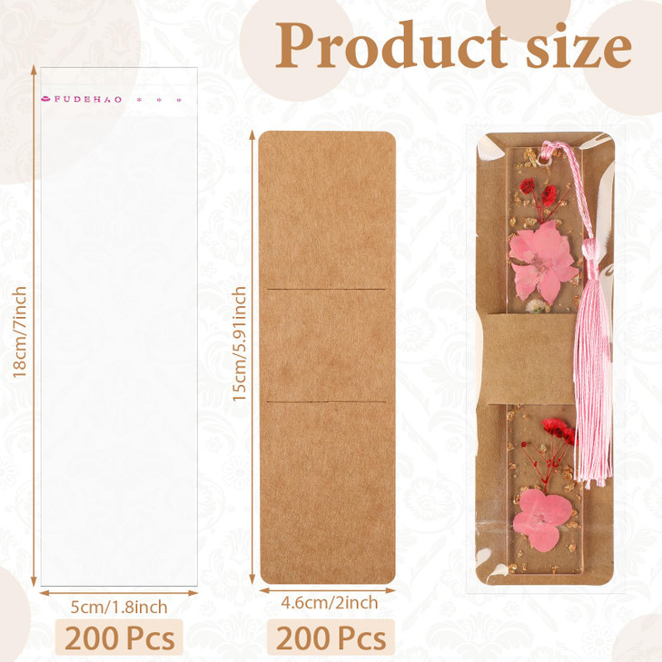 Honoson 200 Set Bookmark Holders Gift Set Kraft Paper Bookmark Sleeves Transparent Self Adhesive Bag DIY Blank Cover Display Cards for Wrapping Small