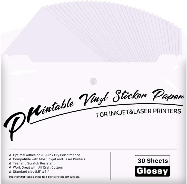 JANDJPACKAGING Printable Vinyl for Inkjet & Laser Printer - 30 Pack Printable Vinyl Sticker Paper Glossy White - Standard Letter Size 8.5"x11"
