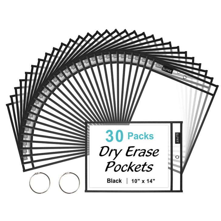SUNEE 30 Packs Oversized Reusable Dry Erase Pocket Sleeves with 2 Rings, Black 10x14 Ticket Holders, Clear Plastic Sheet Protectors, Teacher School C