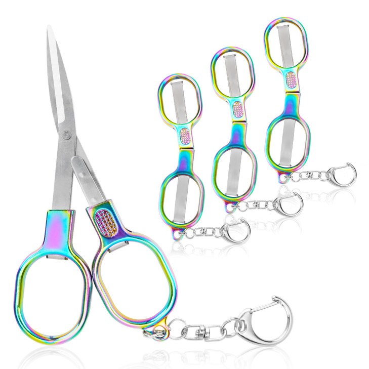 LIOUCBD 4Pcs Mini Folding Scissors, Portable Stainless Steel Travel Small Scissors, Safety Foldable Pocket Badge Scissors All Purpose with 4 Keychain