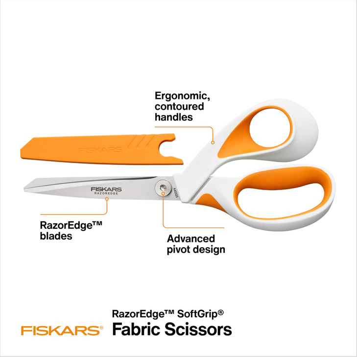 Fiskars RazorEdge Fabric Scissors, Heavy Duty Fabric Shears, Ultra-Sharp Stainless Steel Blades & SoftGrip Ergonomic Handle, 8, White/Orange