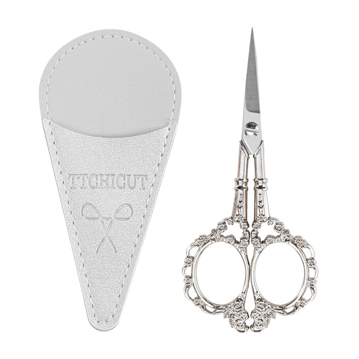 Sewing Embroidery Scissors Small Vintage Sharp Pointed Tip Shears for Craft Artwork Cross Stitch Cutting Handicraft DIY Tool with PU Leather Sheath (