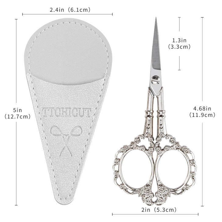 Sewing Embroidery Scissors Small Vintage Sharp Pointed Tip Shears for Craft Artwork Cross Stitch Cutting Handicraft DIY Tool with PU Leather Sheath (