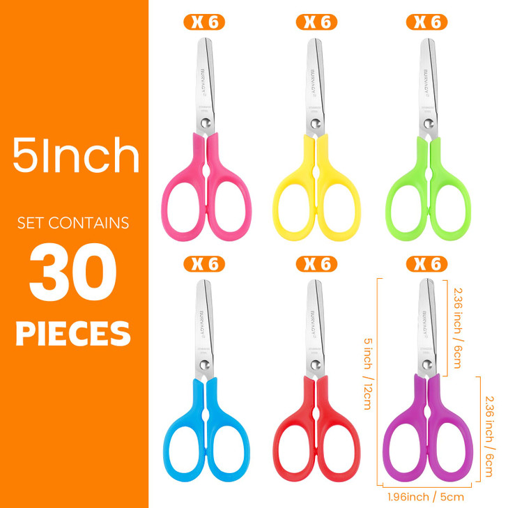BURVAGY 30Pack 5" Small School Student Blunt Kids Craft Scissors, Sharp Stainless Steel Blades Safety Toddler Kid Child Comfort Grip Scissors Bulk fo