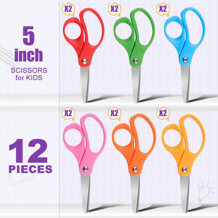 BURVAGY 12 Packs 5" Small School Student Blunt Tip Craft Kids Scissors, Stainless Steel Blades Comfort Grip 5 Inch Safety Scissors Bulk for Children