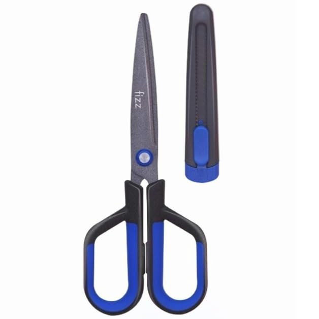 Scissors with Utility ExoKnife Cap, 6.9", Sharp Non-Stick Coated Blades for Office, Craft & Home Use, Stainless Steel Blades (Blue)