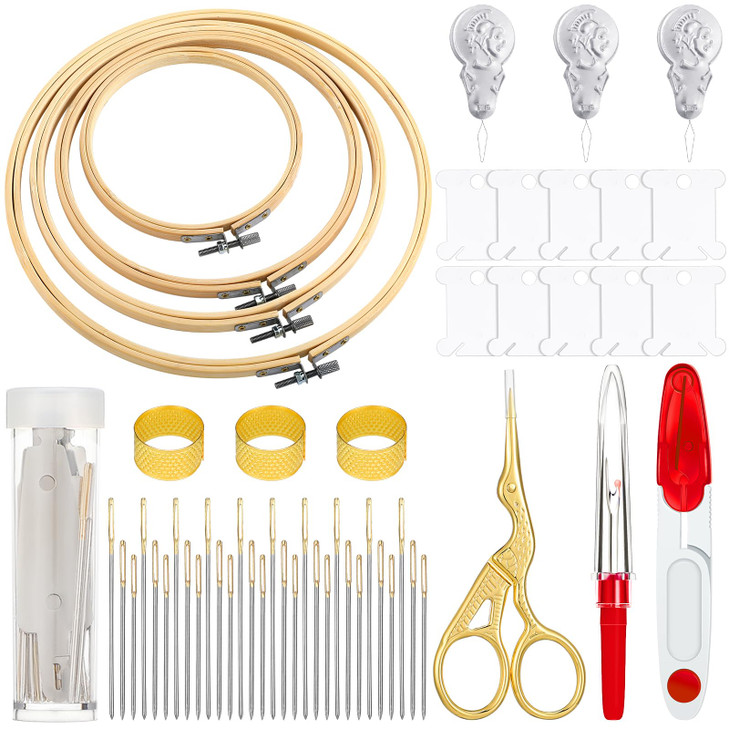 Mudder 53 Pieces Cross Stitch Tool Embroidery Starter Kit Includes Bamboo Circle Cross Stitch Hoop Ring Sewing Scissors Needle Threading Tools Thimbl