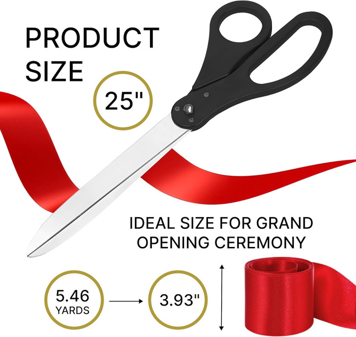 Giant Ribbon Cutting Ceremony Kit - Big 25 Inch Black Grand Opening Scissors and Red Satin Ribbon for Special Events Business Openings and Inaugurati