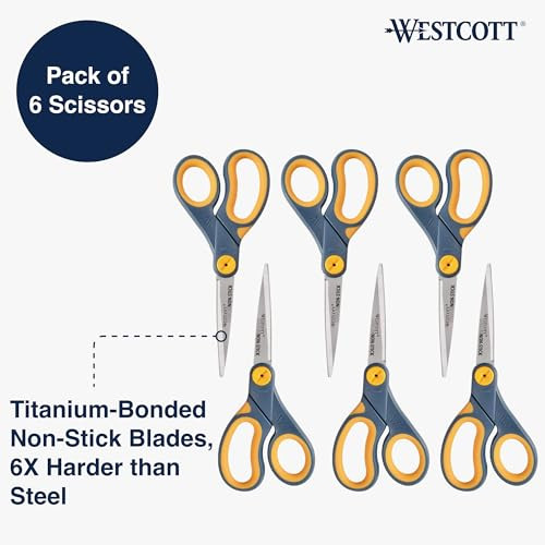 Westcott ?17597 8-Inch Non-Stick Titanium Scissors For Office and Home, Blue/Gray, 6 Pack