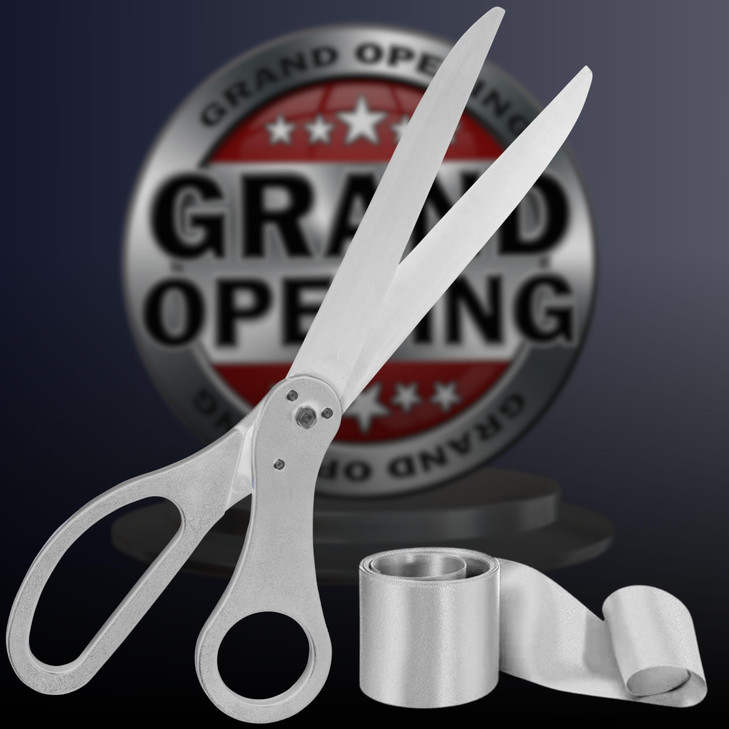 Silver Grand Opening Ribbon Cutting Kit - Gigantic Scissors for Tape Cutting 25 Inch Giant Scissors For Ribbon Trimming with Silver Tape for Grand Op