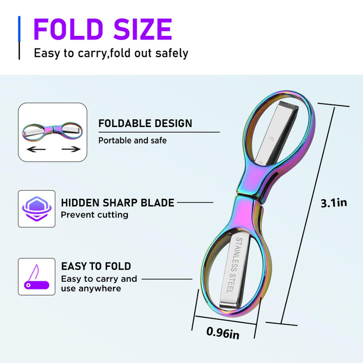 2Pcs Rainbow Folding Scissors,Portable Stainless Steel Telescopic Cutter, Safety Foldable Pocket Badge Small Scissors for Home, Office, Craft, Sewing