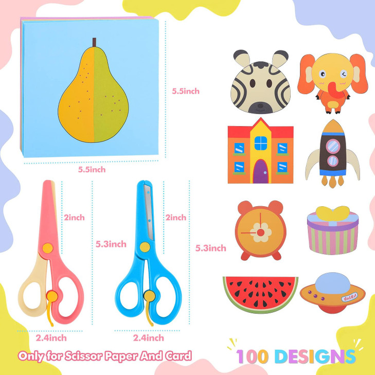 UCEC Toddler Scissors - 104 Piece Safety Set for Kids Ages 2-4, 4 Plastic Safety Scissors for Toddlers & Preschool Training, 100 Paper Cutting, Back