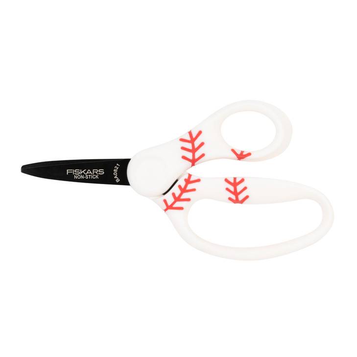 Fiskars 5" Pointed-Tip Scissors for Kids 4-7 with Non-Stick Blades (1-Pack) - Scissors for School or Crafting - Back to School Supplies - Baseball/So