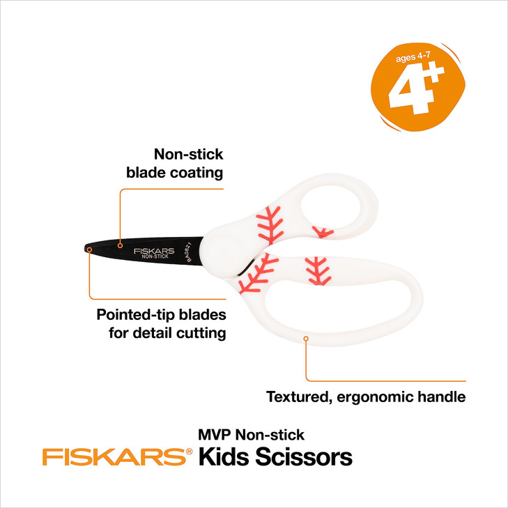 Fiskars 5" Pointed-Tip Scissors for Kids 4-7 with Non-Stick Blades (1-Pack) - Scissors for School or Crafting - Back to School Supplies - Baseball/So