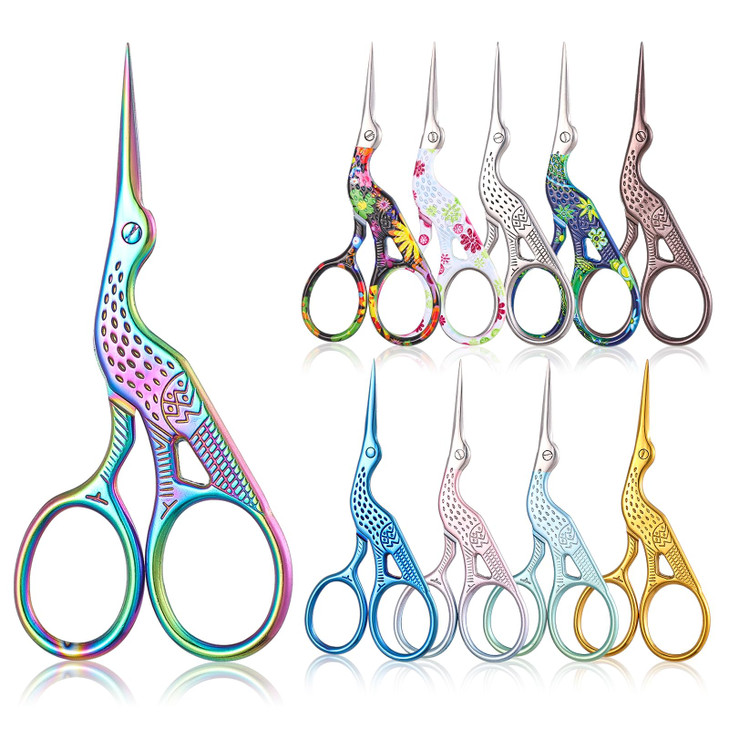 10 Pcs Stork Rainbow Stitch Scissors - 3.6 Inch Stainless Steel Small Craft Scissors for Cross Stitch, Sewing, Crochet & DIY Dressmaker Tools