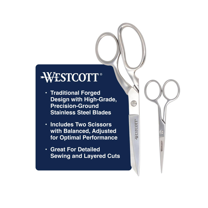 Westcott Forged 8in & 5in Scissors for Fabric and Paper Crafts, 2-Pack, Detail Snips and Heavy Duty Shears, Dressmaker Shears for Sewing, Tailoring,