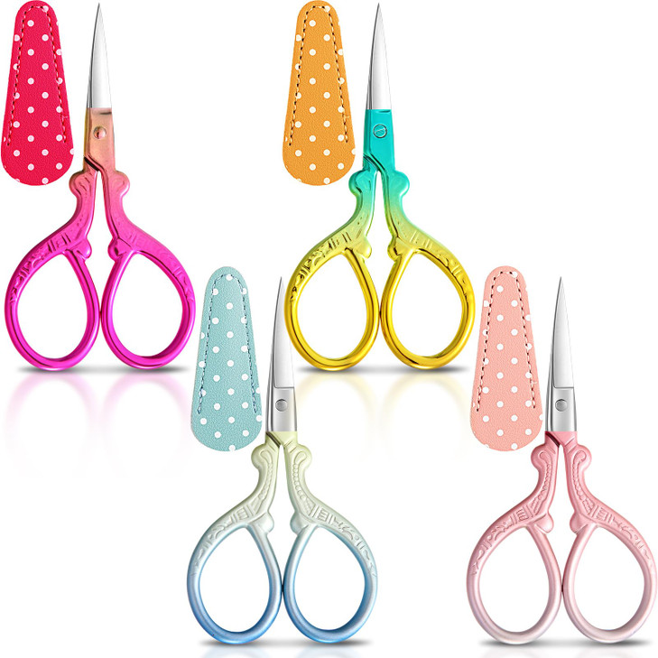 Honoson 4 Pcs Sewing Embroidery Scissors with 4 Pcs Artificial Leather Cover 3.6 Inch Stainless Steel Stork Scissors Vintage Embroidery for Needlewor