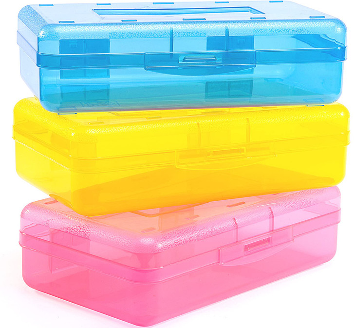Sooez 3 Pack Pencil Case, Large Hard Pencil Box Bulk, Clear Crayon Box Marker Pen Organizer, Plastic Storage Container with Snap Lid, Art Craft Organ