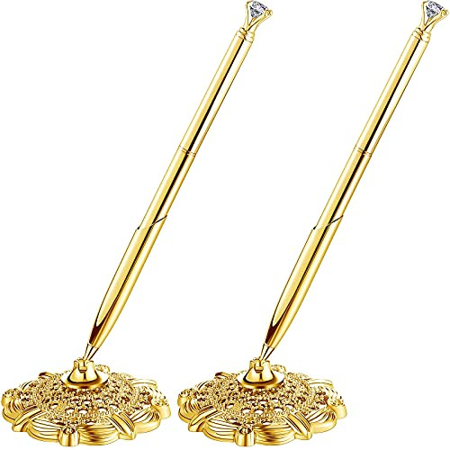 Outus 2 Pieces Wedding Pens for Guest Book Signing Gold Hollow Round Pen Holder Stand Set for Guestbook Sign Bridal Engagement Reception Supplies