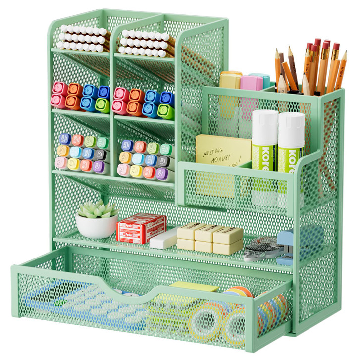 Marbrasse Mesh Pen Holder for Desk, Multi-Functional Pencil Organizer with Drawer, Desk Organizers and Accessories for Office Art Supplies (Green)