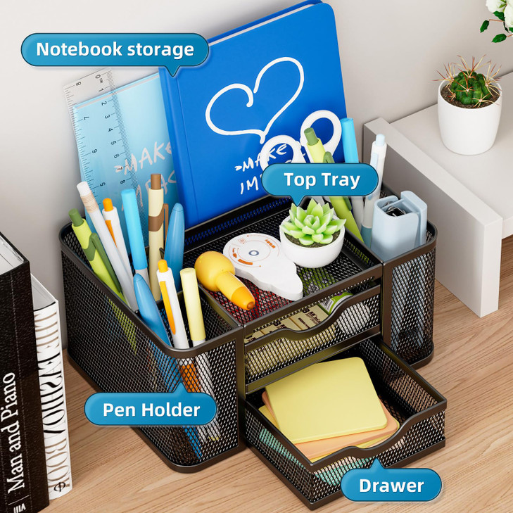 Marbrasse Mesh Desk Organizer, Pen Organizer with 2 Drawer, Multi-Functional Pencil Holder, Desk Organizers and Accessories with 5 Compartments + Dra