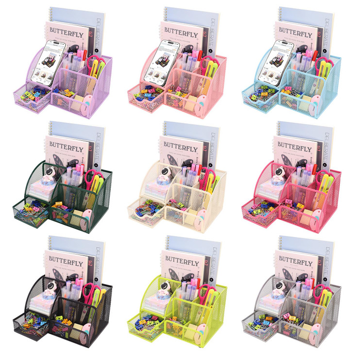 Boutilon Mesh Desk Organizer Desktop Office Supplies Stationary Organizer with 6 Compartments and 1 Drawer Multi-Functional Caddy Pen Holder for Home