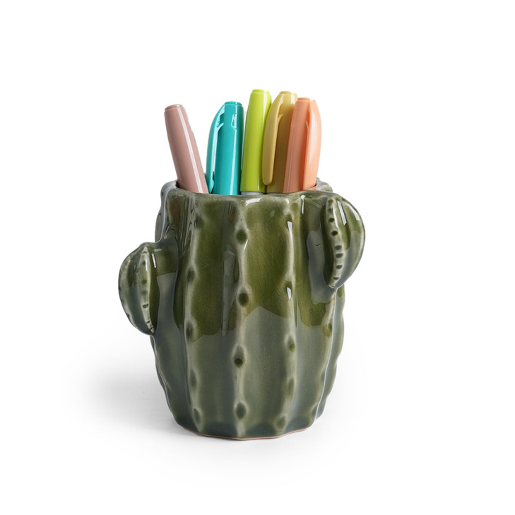 Zaposcca Ceramic Cactus Pen Holder, Cactus Decor Cute Pencil Holder, Makeup Brush Holder for Home, Office Desk Accessories(Green Cactus)