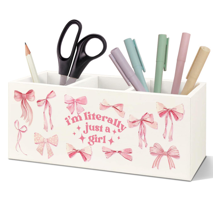 SNNDER Pink Coquette Bow Preppy Pen Holder, Preppy Desk Decor, I'm Literally Just a Girl Pink Girly Acrylic Pen Pencil Holder Organizer for Home Girl