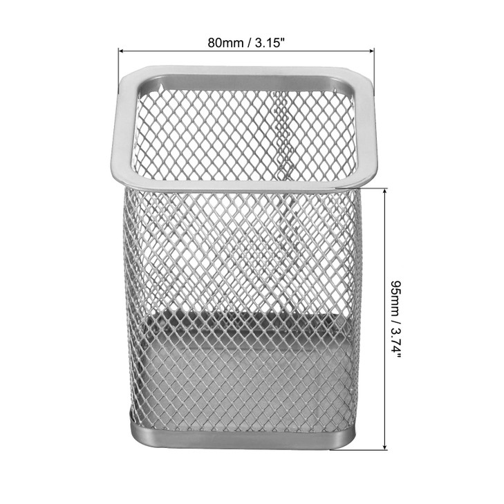 PATIKIL Mesh Pen Holder, 2 Pack Pencil Holder Pencil Basket Pen Cup Locker Organizer Square Makeup Brush Holder for Desk Accessories, Silver