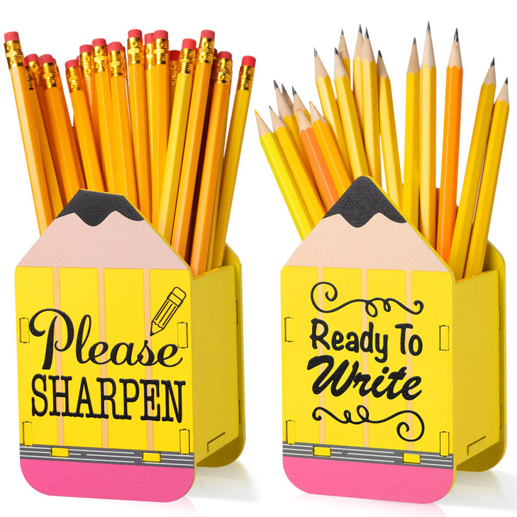 DoubleFill 2 Pcs Pencil Shaped Holder Sharp Dull Holder Wooden Dispenser Pencil Storage for Back to School Teachers Classroom Organization (Classic)