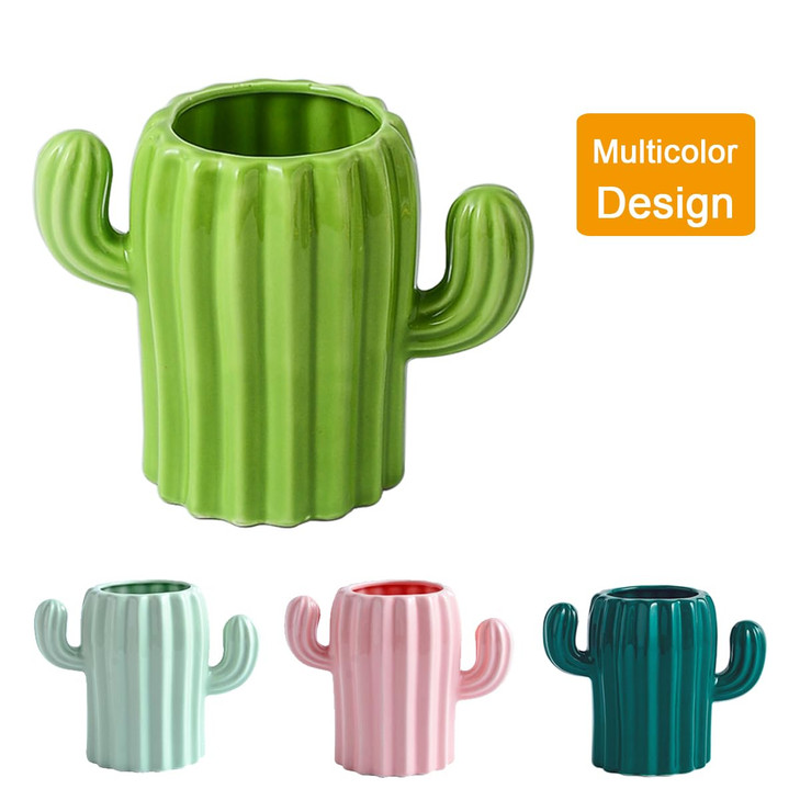 YOSCO Ceramic Pen Holder Cactus Pencil Holder Cute Pens Cup Pot for Desk Office Fun Decor Desk Organizer, Makeup Brush Holder, Toothbrush Holder (Bri