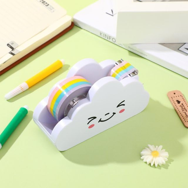 White Tape Desk Dispenser Cute Tape Dispenser Cloud Tape Cutter with Rainbow Novelty Tape Dispenser Holder for Home School Office Stationary Packagin