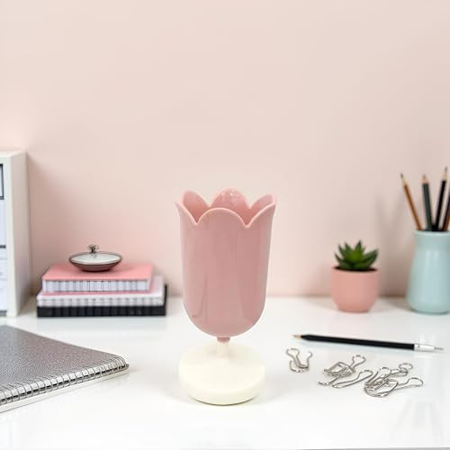ZhangyiHot Pink Plastic Tulip Pen Holder Cute Pens Cup for Desk Pen Brush Organizer Office Stationery Supplies Home Decor Desk Supplies Holders and D