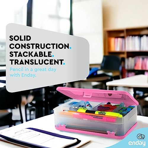 Enday Pencil Box Pink, Large Capacity Plastic Double Deck Box with 12 Compartments, Plastic Pencil Box with Snap-Tight Lid, Hard Pencil Case Storage