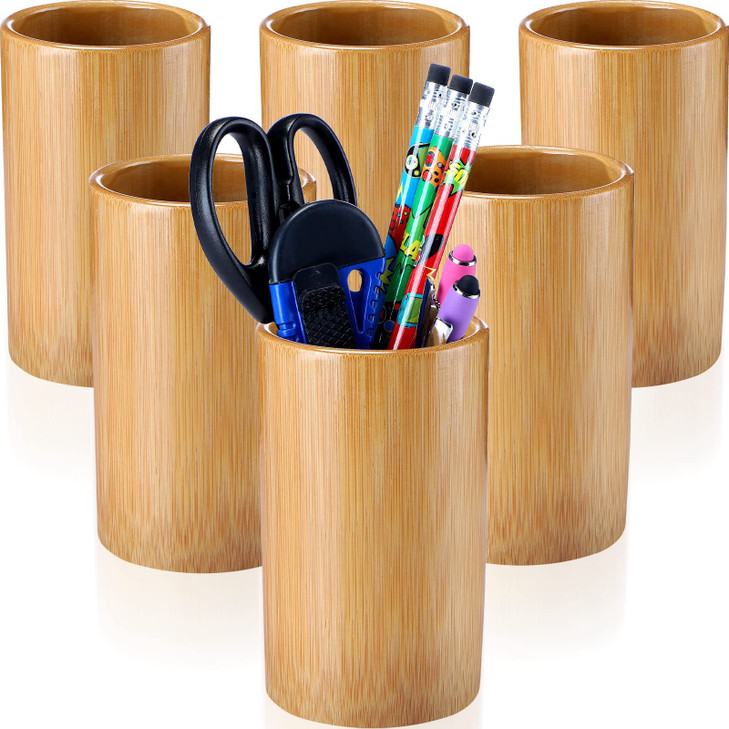 Zhehao 6 Pcs Bamboo Pen Holder Solid Wood Desk Pen Pencil Holder Stand Wooden Pencil Organizer for Desk Multi Purpose Use Cylindrical Cup Organizer f